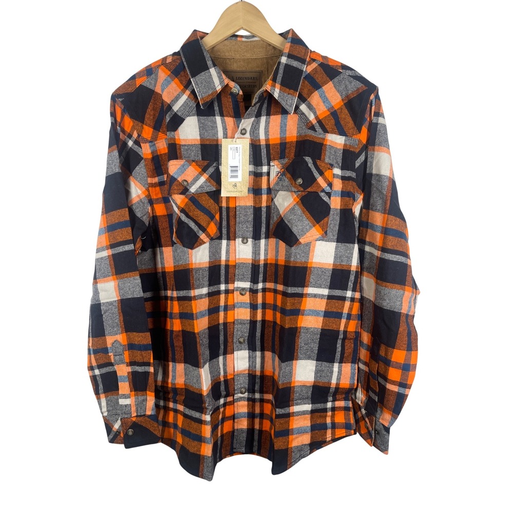 Legendary Whitetails Shotgun Western Flannel Shirt Orange Navy Plaid 6577 Mens L